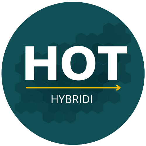 Turkoosi tausta, jossa on tummemman turkooseja kuusikulmaisia. Kuusikulmaisten päällä on teksti HOT, keltainen nuoli oikealle ja teksti Hybridi.