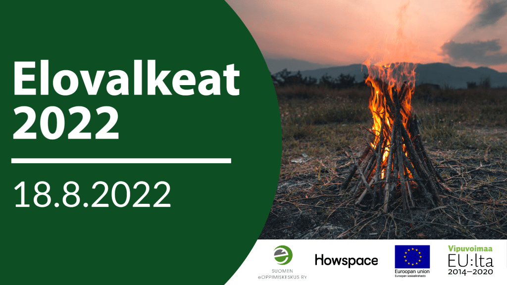 Oikealla palava nuotio auringonlaskussa. Nuotio-kuvan alla tapahtuman sponsoreiden logot. Vasemmalla vihreällä taustalla Elovalkeat 2022 18.8.2022. 