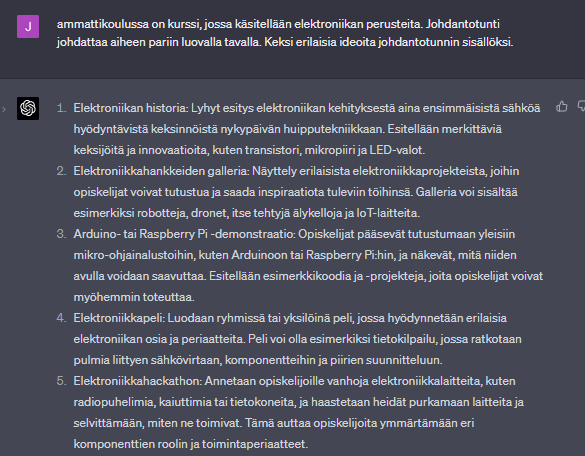 Esimerkkikeskustelu ChatGPT:n kanssa ammattikoulun kurssin sisällöstä.