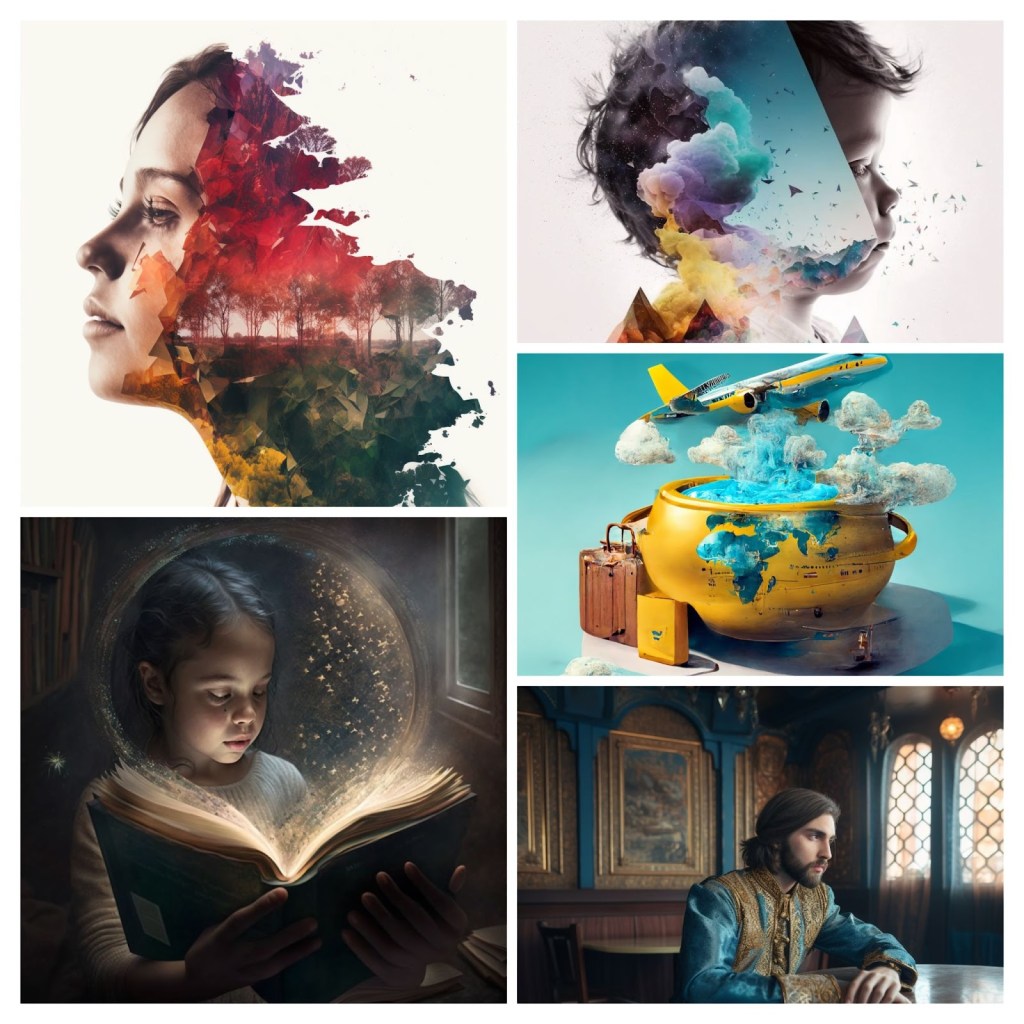 Tekoälyllä luotuja kuvia. Viisi kuvaa ihmisistä. Yksi kuva, jossa lentokone lentää ison padan yli. 